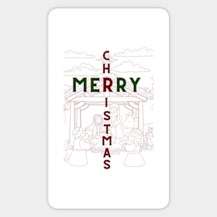 Merry Christmas Manger Scene Red Background Sticker